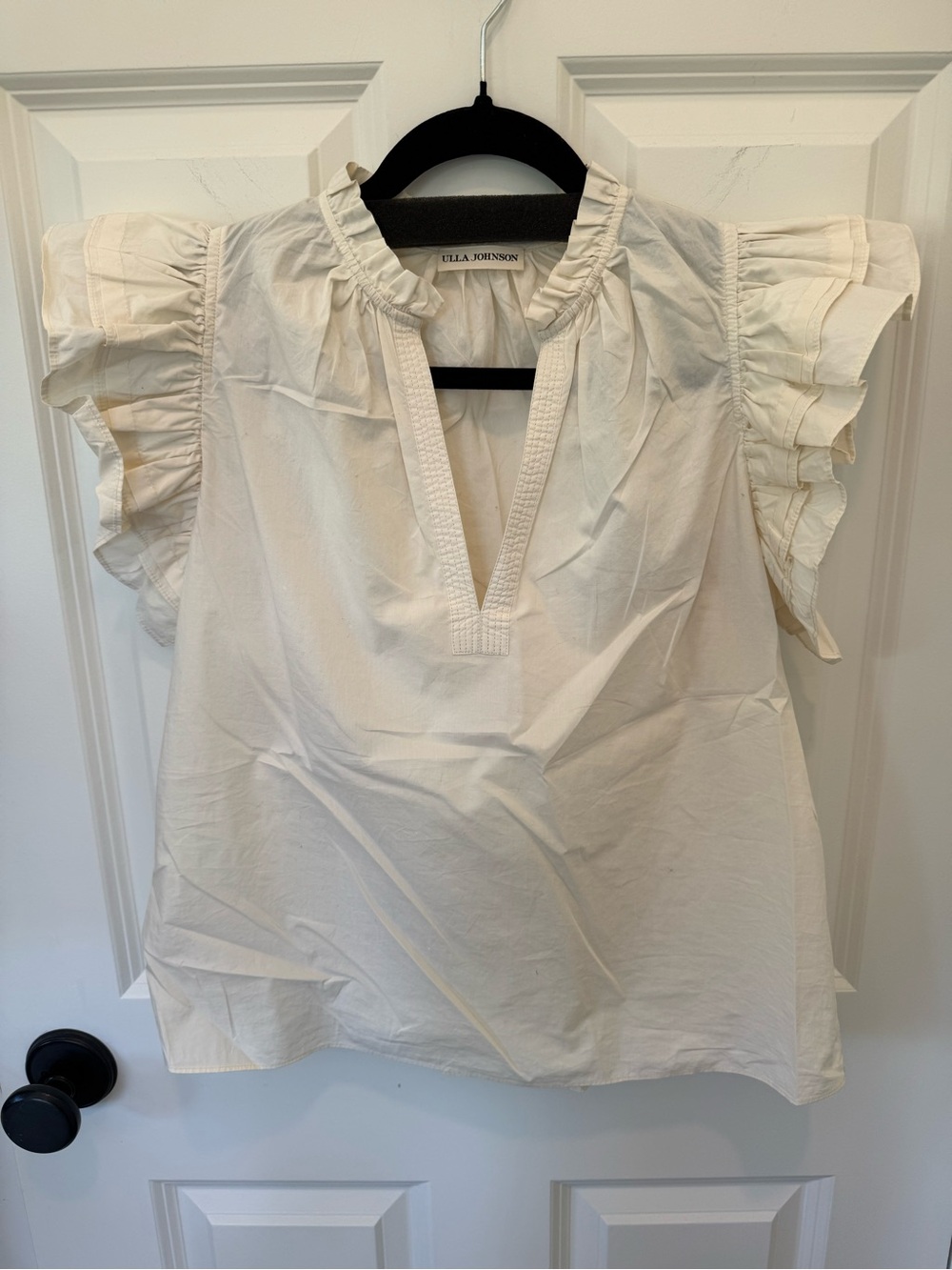 Ulla Johnson Cream Ruffled Elena Short-Sleeve Cotton Top